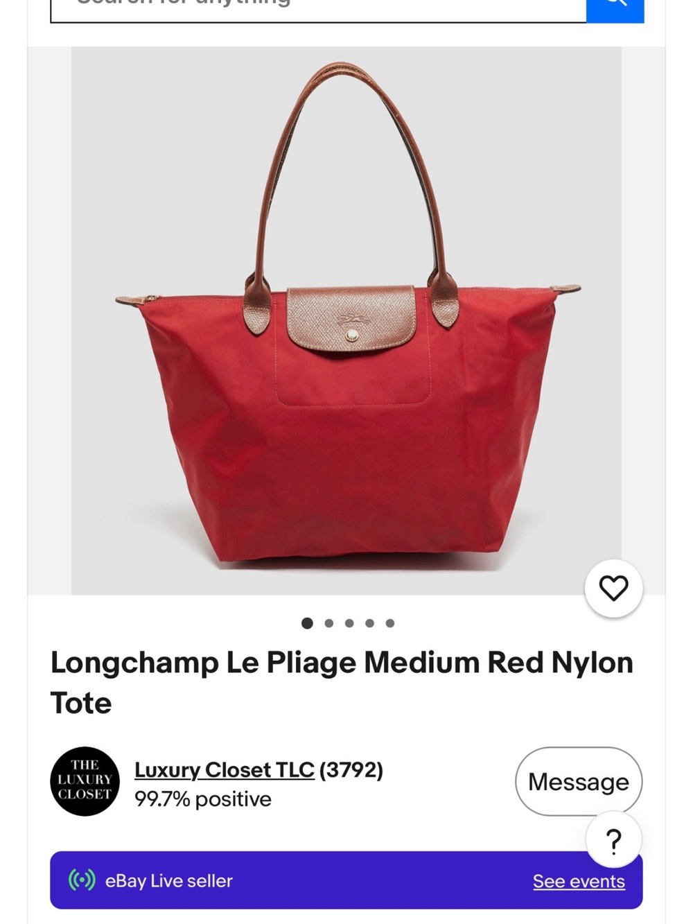 Longchamp Red Nylon Tote with Brown Leather Trim